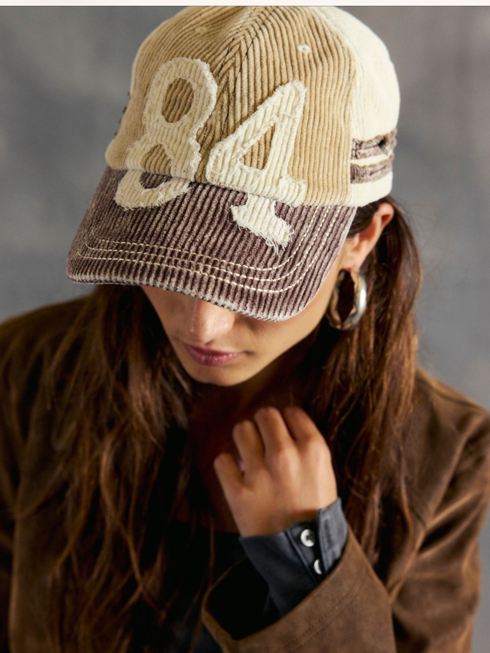 Free People Hollie Varaity Ivory & Brown Corduroy Baseball Cap with '84' Patch - Picture 4 of 15